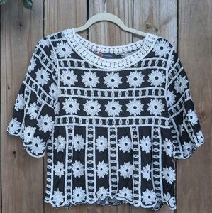 Indigo Poppy Embroidered Floral Babydoll Top